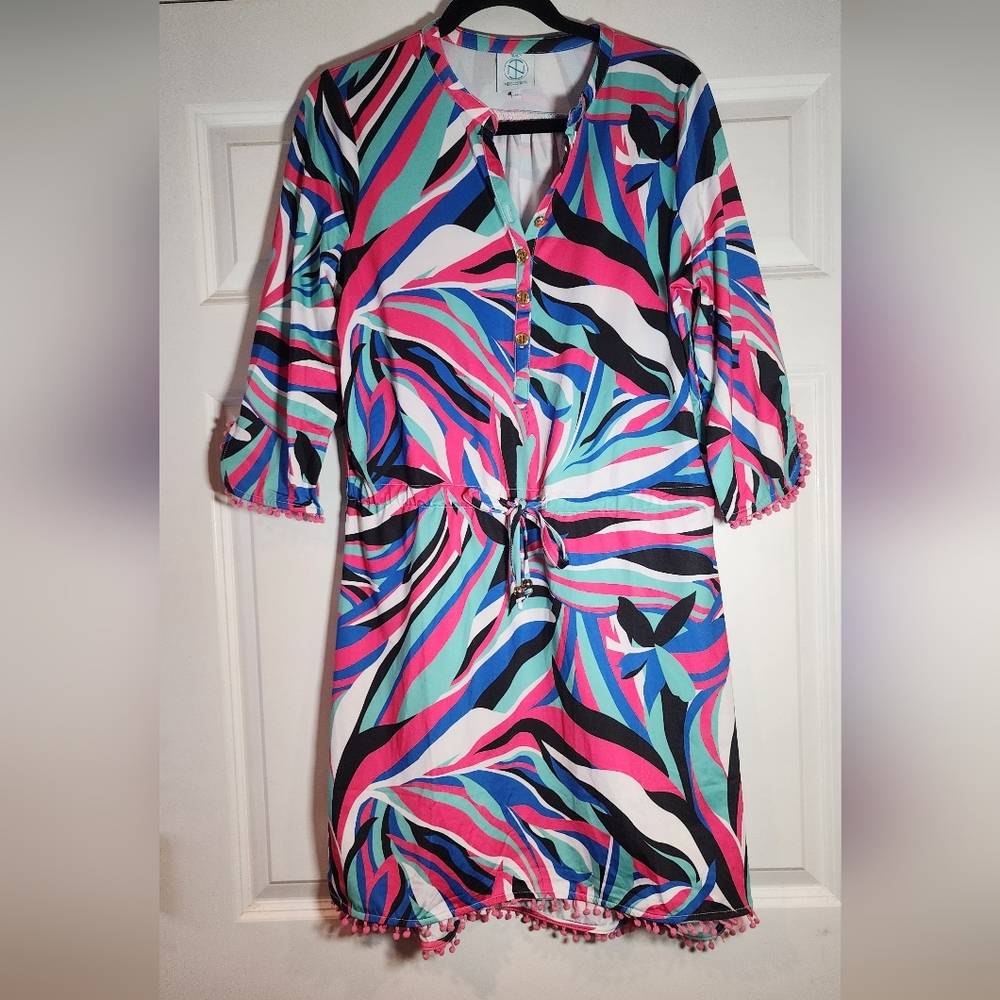 Tracy Negoshian Colorful Abstract Cinched Waist Dress Pom Pom Detail M